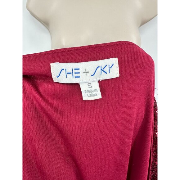 She + Sky Ruby Red Sequin Romper With Long Sleeves & Tie Waist Size Small - Picture 6 of 7